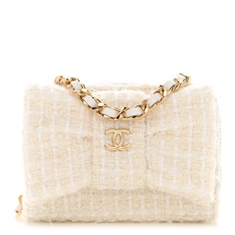 CHANEL Tweed Quilted Bow Flap Card Holder On Chain White 